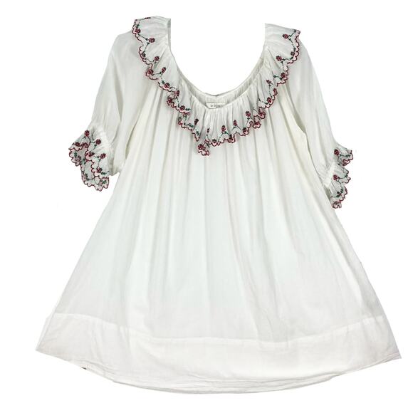 Nwot DOEN Dress XXS White Red-Strawberry Embroidery Ruffle Balloon-1/2Slv Cotton - Picture 1 of 10